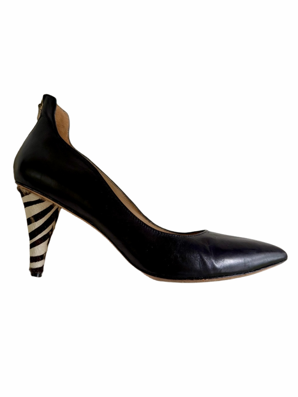 Carolinna Espinosa Black Leather Pumps Zebra Printed Calf Hair Heels Size 8.5